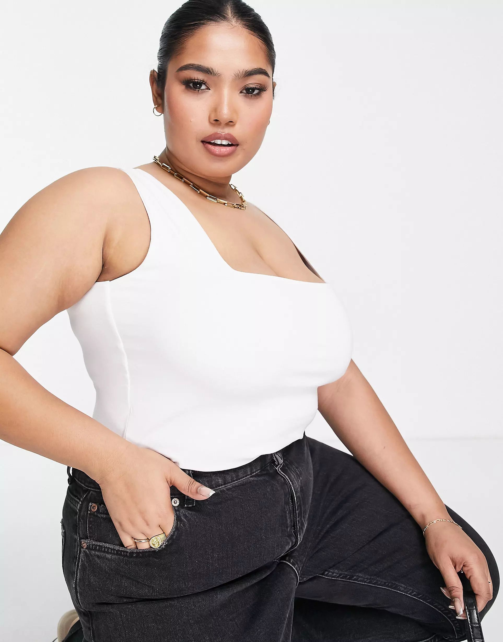 ASOS DESIGN Curve Edit luxe feel long line tank top with square neck in white | ASOS (Global)