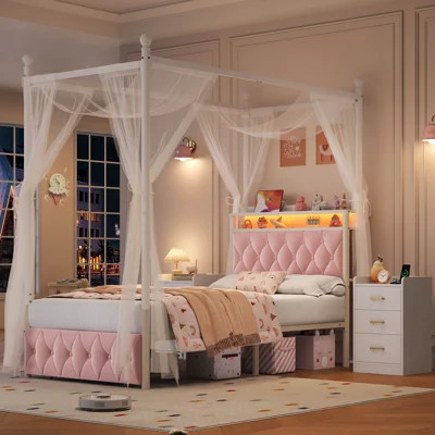 Kids Bedroom Set: LED Canopy Bed Frame with Charging Ports + 2 Nightstands with Outlets & Drawers (Whisper-Soft Pink, T Sizes) | Wayfair North America
