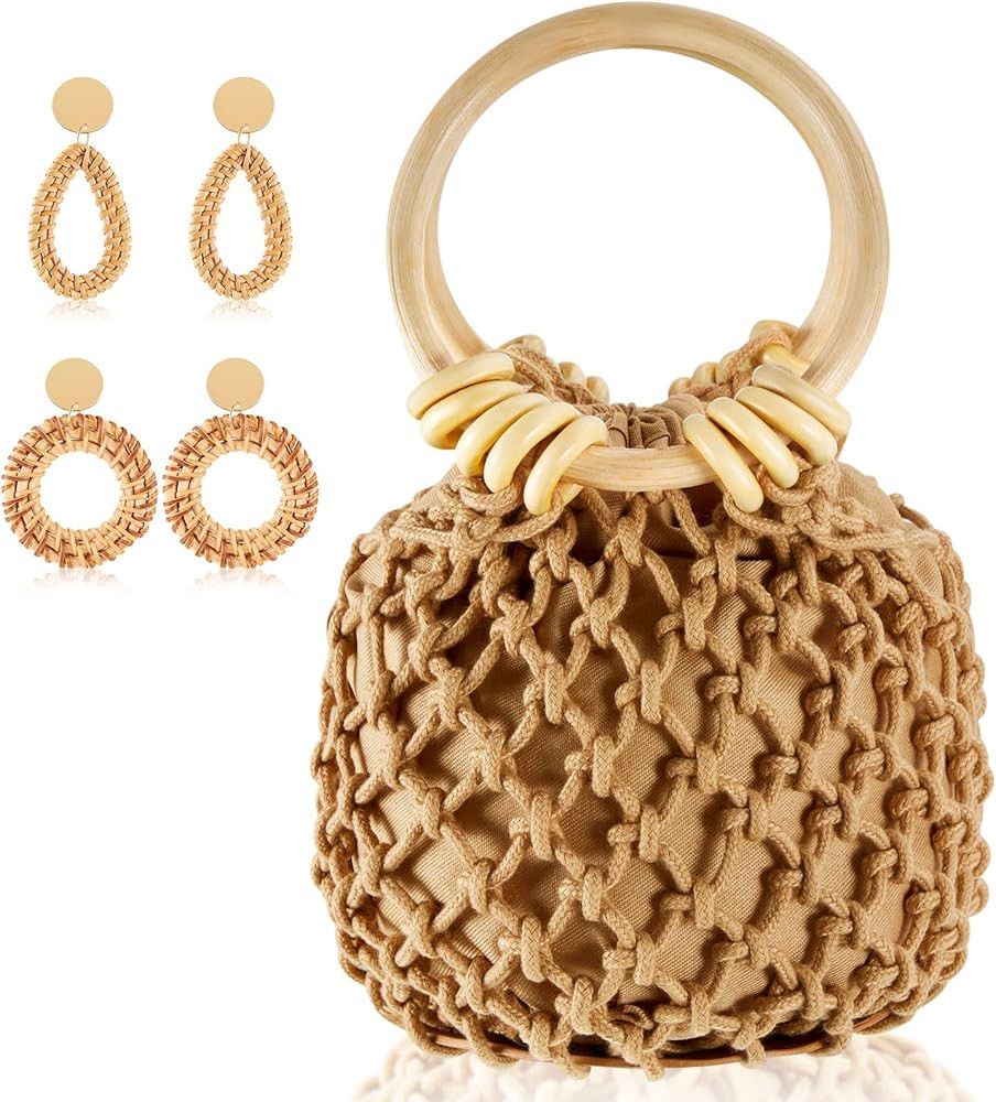 Sweetude Mini Clutch Tote Handbag 2 Pairs Rattan Earrings for Women Bucket Drawstring Handbag Boh... | Amazon (US)
