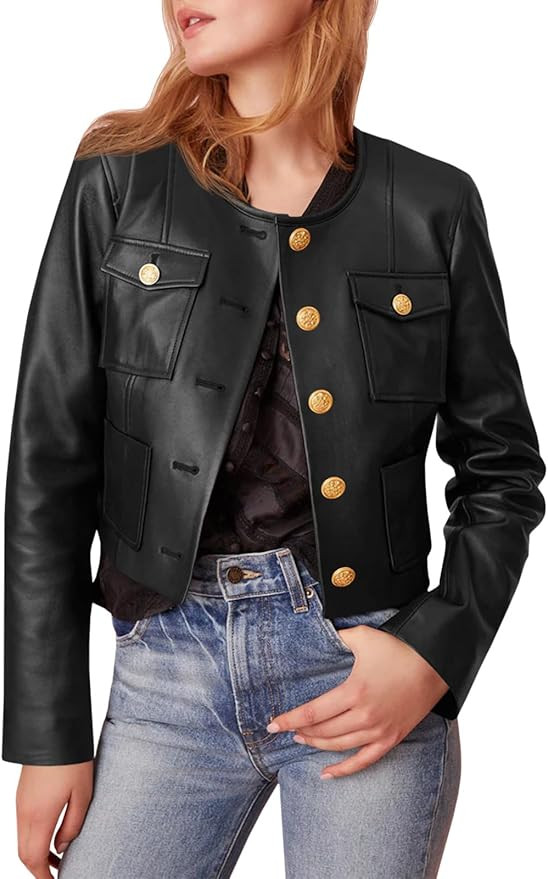 Tankaneo Womens Faux Leather Jackets Cropped Casual Motorcycle Biker Button Down Coat with Chest ... | Amazon (US)