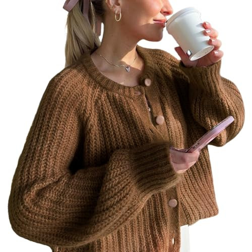 VDWIP Women's Cardigan Sweaters Button Down Open Front Chunky Cardigan Long Sleeve Cropped Y2k Knit Outerwear(Brown-XL) | Amazon (US)