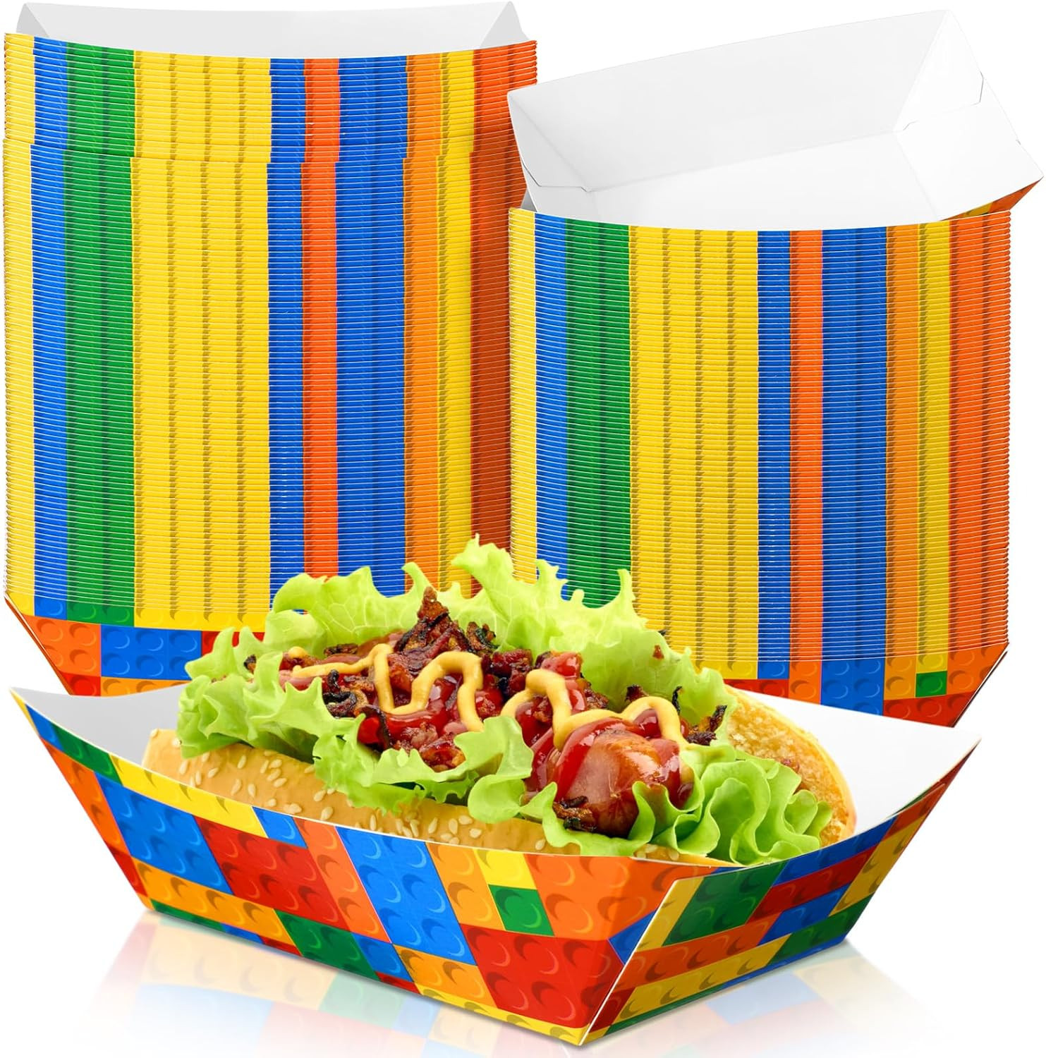 Honeydak 100 Pcs 2lb Building Block Party Supplies Colorful Brick Themed Paper Food Trays Disposable Serving Tray Festival Birthday Class Party Decorations for Nacho Hot Dog Nachos Tacos Food Holder | Amazon (US)