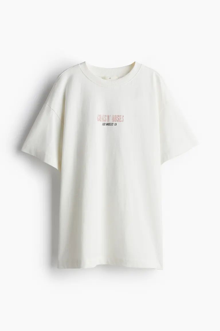 Long printed T-shirt - Round neck - Short sleeve - White/Guns N' Roses - Ladies | H&M GB | H&M (UK, MY, IN, SG, PH, TW, HK)