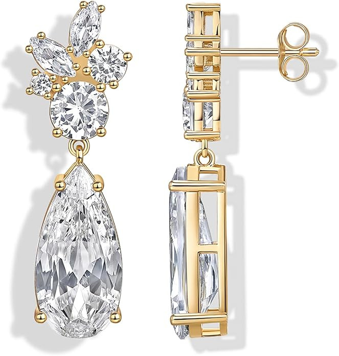 PAVOI 14K Gold Plated Cubic Zirconia Dangle Earrings for Women - Crystal Long Linear Bridal Drop ... | Amazon (US)