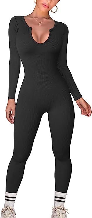 OQQ Women Yoga Jumpsuits Workout Ribbed One Piece Long Sleeve Exercise Sport Jumpsuits | Amazon (US)