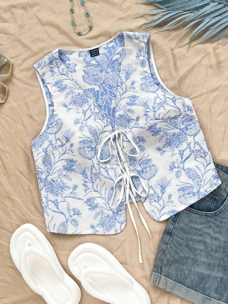 SHEIN WYWH Women's Blue & White Printed Textured Open Front Tie Waist Top, Fashionable Layering F... | SHEIN