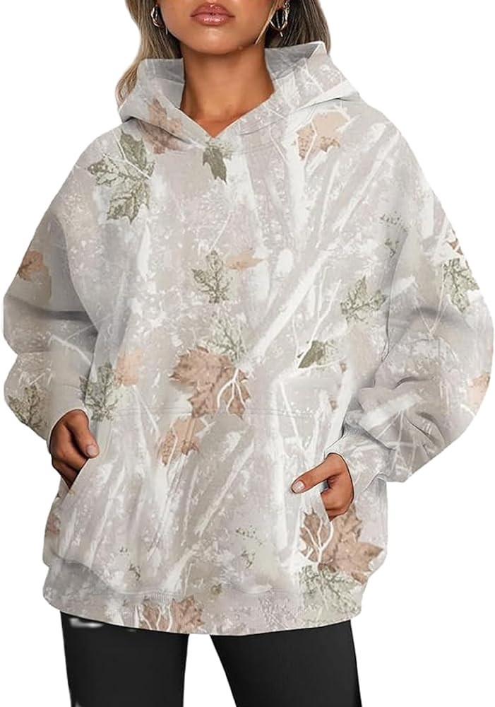 KMBANGI Womens Camo Hoodie Maple Leaf Printed Oversized Sweatshirts Long Sleeve Shirts Fall Pullo... | Amazon (US)