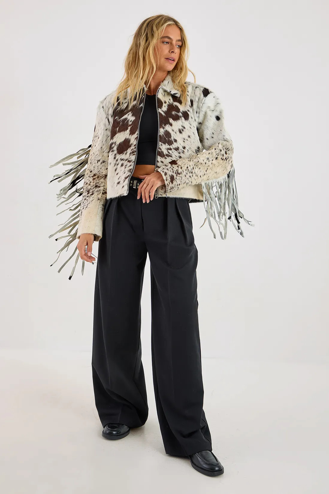 Animal Cow Hide Leather Zip Through Fringe Jacket | Nasty Gal US