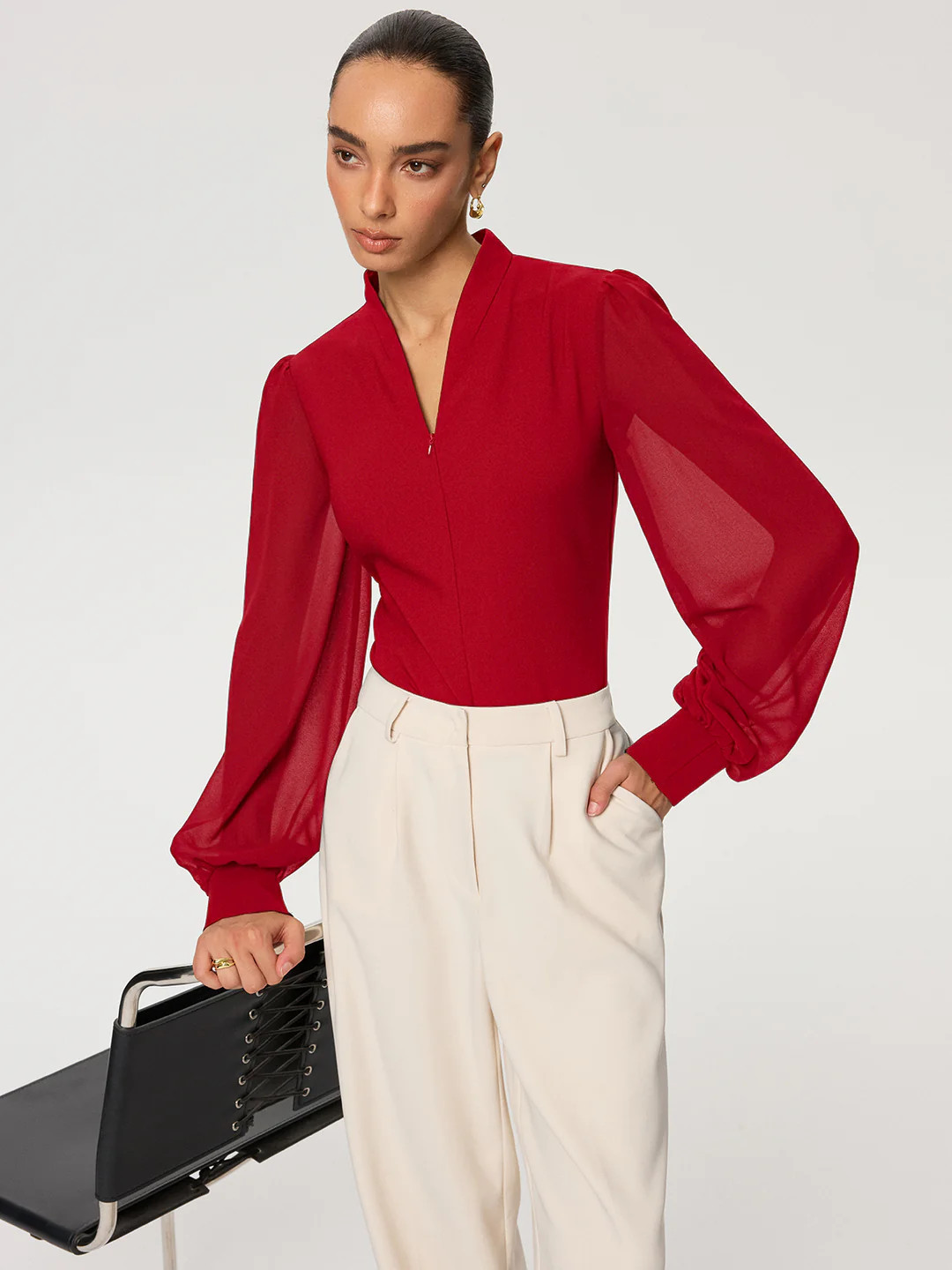 Zip Detail Chiffon Sleeves Blouse | Commense