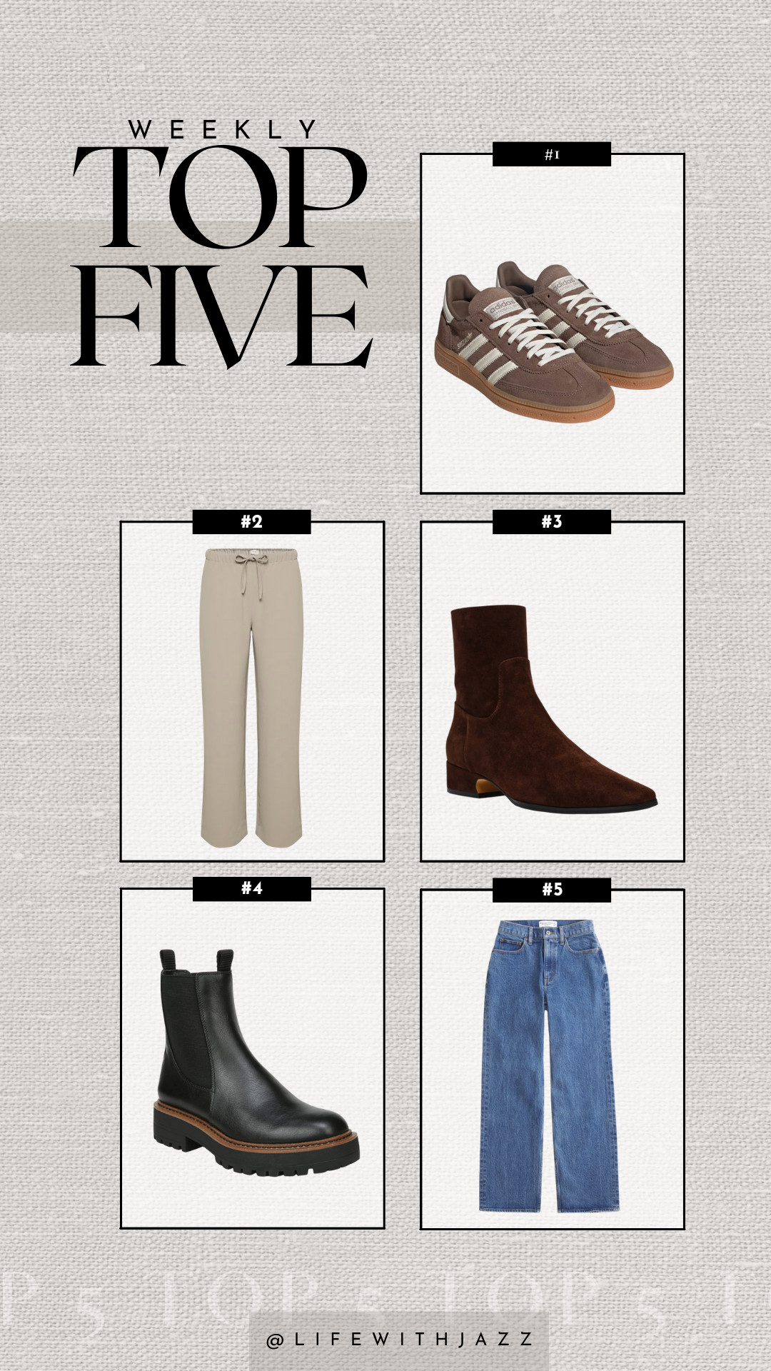 this week's bestsellers: 

1. adidas handball spezial sneakers -- on sale at Aritzia! 
2. Aritzia Lodge pants -- on sale for 20% off 
3. Steve Madden dusty booties -- comfortable low-heeled boots 
4. Sam Edelman waterproof lug sole boots 
5. Abercrombie relaxed hi-rise jeans -- on sale under $75 

 #LTKSeasonal