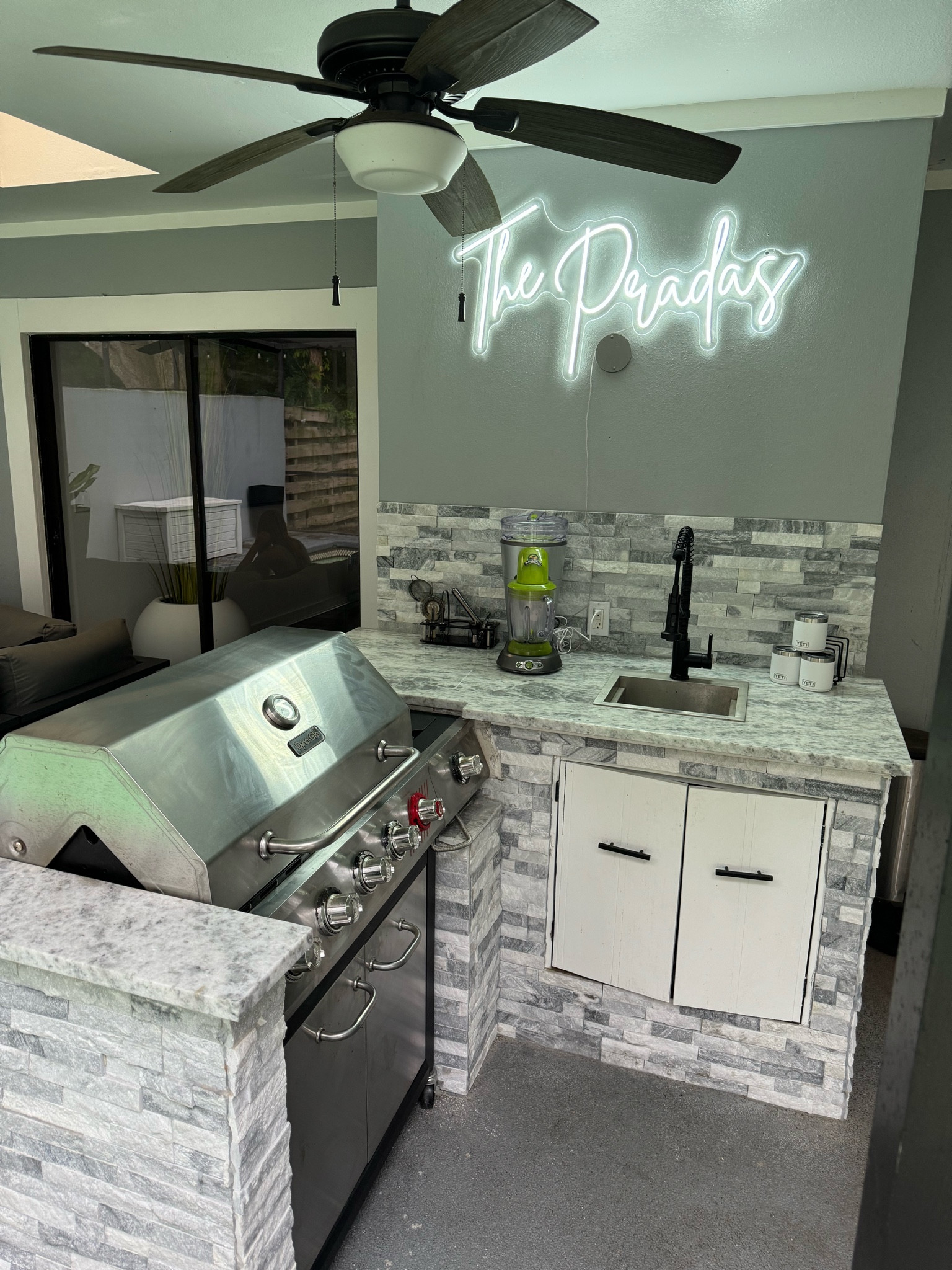 Wedding neon sign repurposed for our outdoor kitchen area! Margaritaville blender and yeiti cups. Also linked is ruvati sink and dyna-go grill! 

#LTKwedding #LTKhome #LTKSeasonal