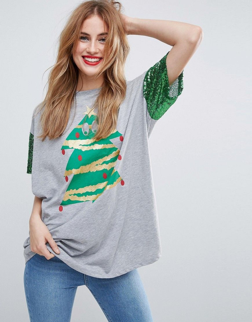 ASOS HOLIDAYS T-Shirt With Sequin Sleeve and Holidays Tree Print - Gra | ASOS US