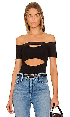 Good American Off Shoulder Cut Out Bodysuit in Black001 from Revolve.com | Revolve Clothing (Global)