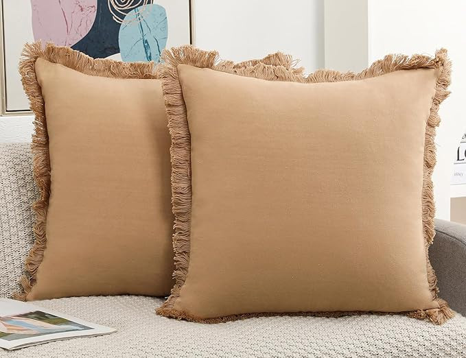 NUYECY Set of 2 Natural Linen Fringed Throw Pillow Covers,Khaki Neutral Decorative Pillowcase wit... | Amazon (US)