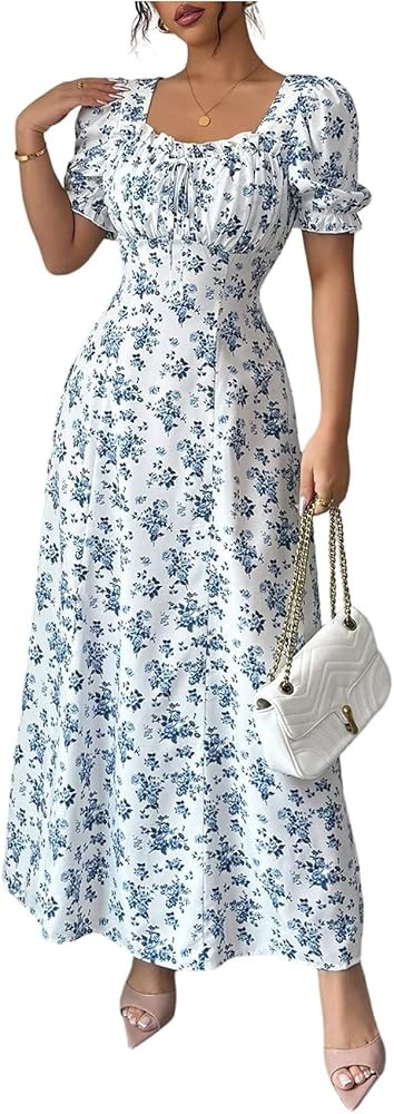 Floerns Women's Floral Short Puff Sleeve Milkmaid Dress Boho A Line Long Dresses | Amazon (US)