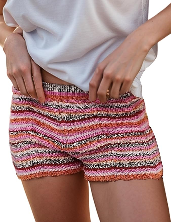 Women’s Y2K Striped Knit Shorts High Waisted Short Lounge Summer Elastic Rainbow Color Block Sw... | Amazon (US)