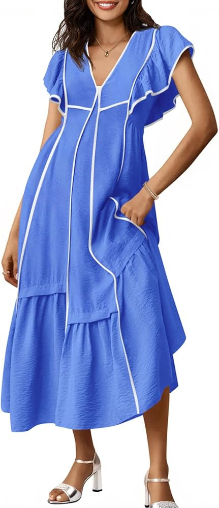 Wenrine Womens Summer V Neck Midi Dress Casual Ruffle Sleeve Contrast Color Loose Fit Flowy Long ... | Amazon (US)