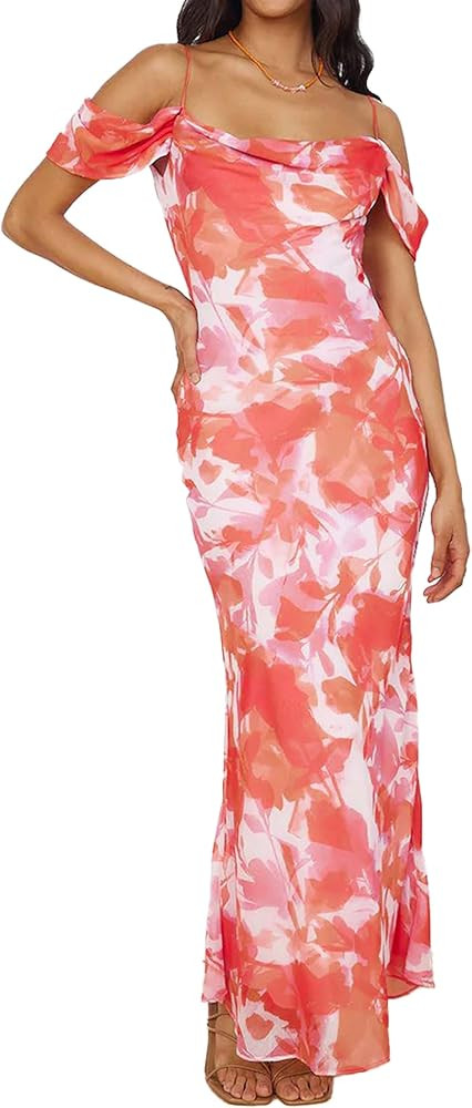 MASCOMODA Spaghetti Strap Long Maxi Dresses for Women 2024 Summer Floral Sexy Bodycon Backless Fo... | Amazon (US)