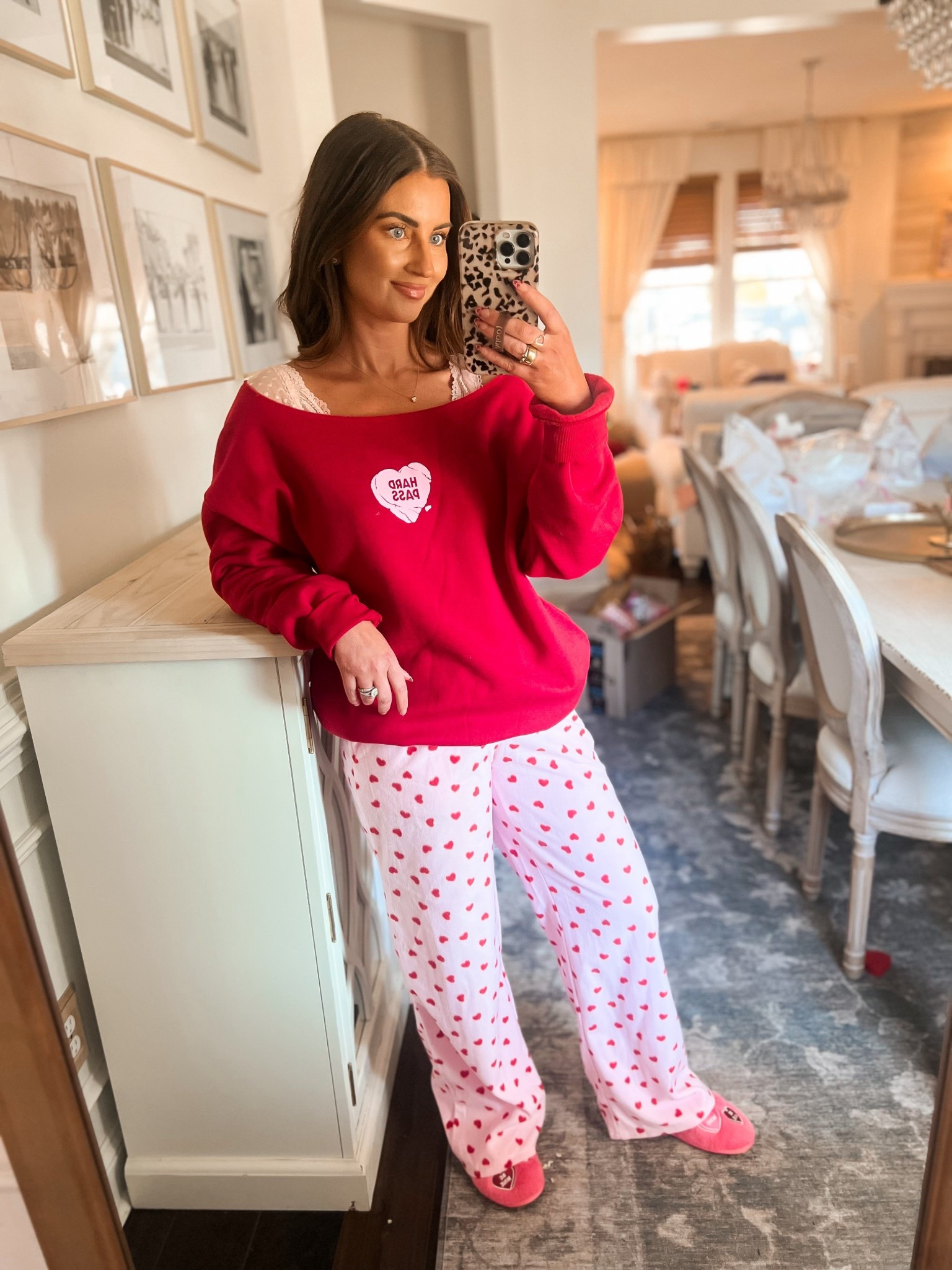Valentine’s day red heart sweatshirt-medium
Pink pajama pants with red hearts-xs, also couldve done a small
Pink candy heart slippers 