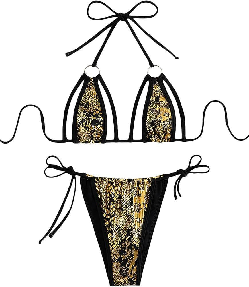 GORGLITTER Women's 2 Piece Snakeskin Print Swimsuit Cut Out Bra Bikini Set Thong Tie Side Bathing... | Amazon (US)