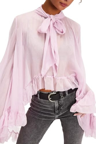 Women Full Sleeve Frill Tops Sexy See Through Sheer Ruffle Trim Blouse Tops Self Tie Neck Shawl S... | Amazon (US)