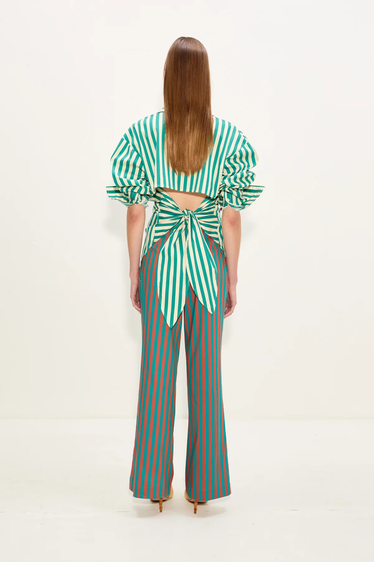 Loch Poplin Button Up In Teal/Cream Stripe | Simon Miller