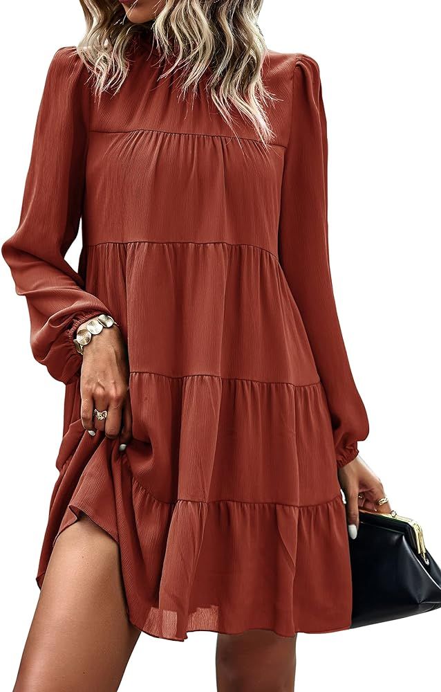 Women's Long Sleeve Ruffle Mock Neck Tiered Mini Babydoll Dress Casual Swing Tunic Shift Dresses | Amazon (US)
