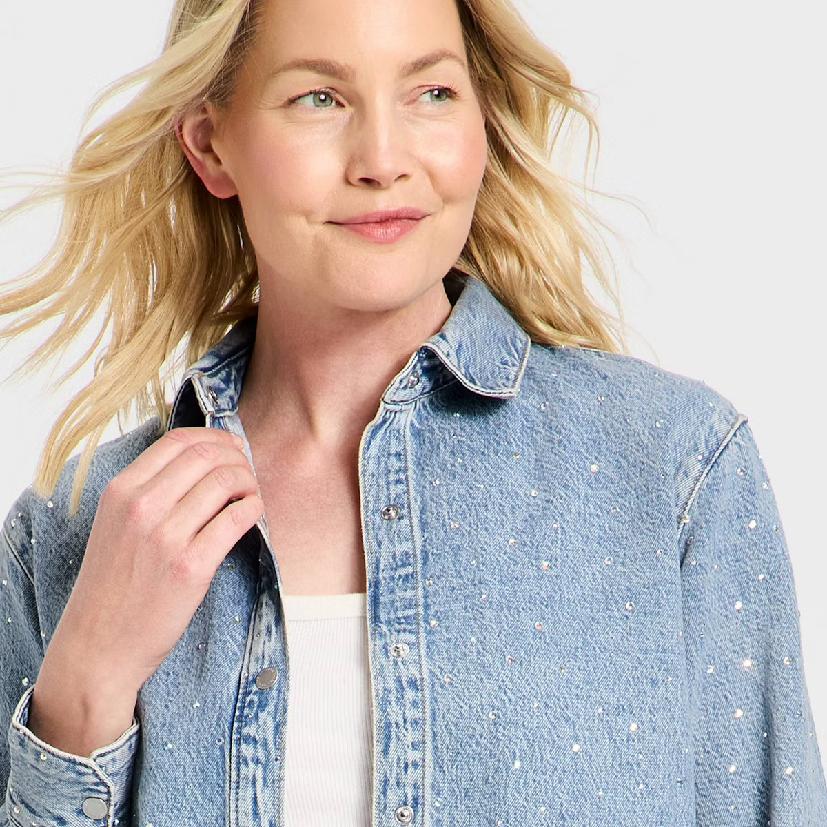 Women's Denim Button-Down Rhinestone Shirt - Universal Thread™ Light Wash | Target