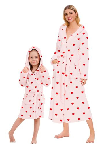 Girls’ Robes, Plush Fleece Hooded Spa Bathrobe Fuzzy Fluffy Cozy Softness Sleep Robe with Belt Pockets for Kids, Light Pink Heart, US 11-12 Years | Amazon (US)