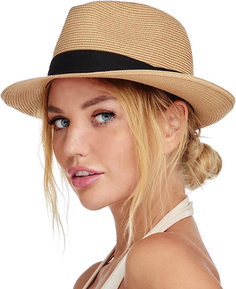 Straw Fedora Sun Hats for Women Men Summer Sun Beach Hat Packable Short Brim Roll Up Straw Panama Fe | Amazon (US)