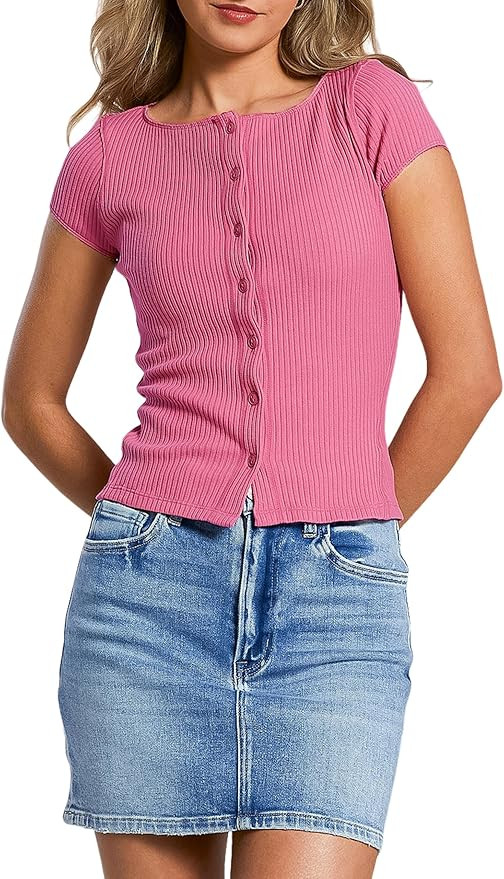 Dqbeng Women's Summer Button Down Shirts Lightweight Short Sleeve Ribbed Cardigan Slim Fit Base L... | Amazon (US)