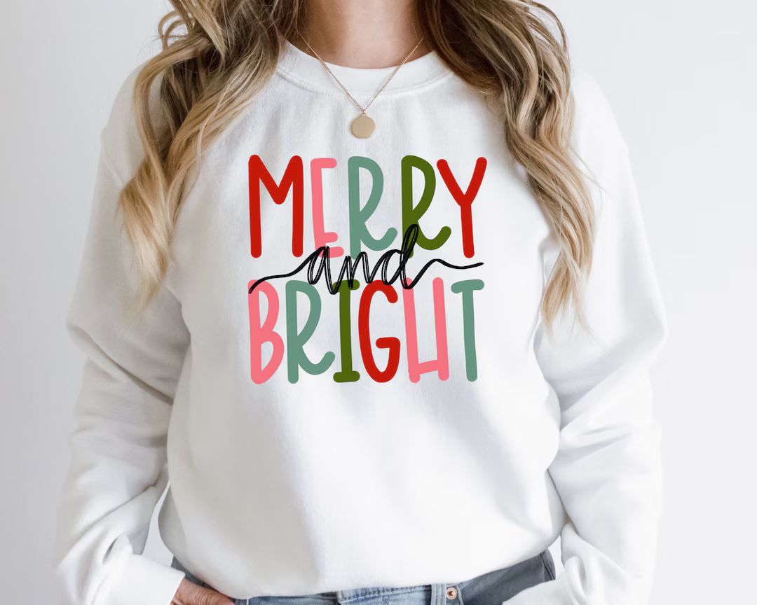 Christmas Sweatshirt Merry and Bright Sweatshirt Womens - Etsy | Etsy (US)