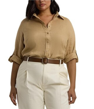 Plus Size Woven Point Collar Long Roll-Tab Sleeve Button-Front Shirt | Dillard's
