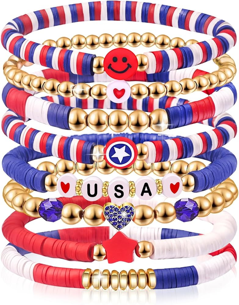 Independence Day Gifts for Women Men Teens Red White Blue Clay Beaded Stackable Stretch Bracelets... | Amazon (US)