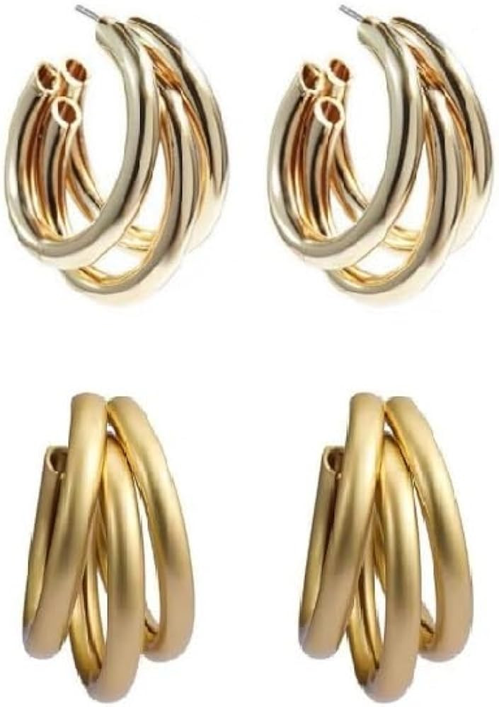 2 Pairs Chunky Triple Open Hoop Earrings Lightweight Split Multi Tube Stud Earrings for Women | Amazon (US)