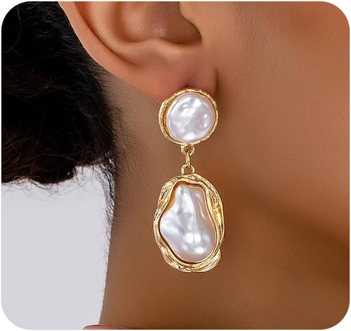 Gold Pearl Statement Earrings for Women,Vintage Large Baroque Pearl Dangle Drop Earrings,Trendy F... | Amazon (US)