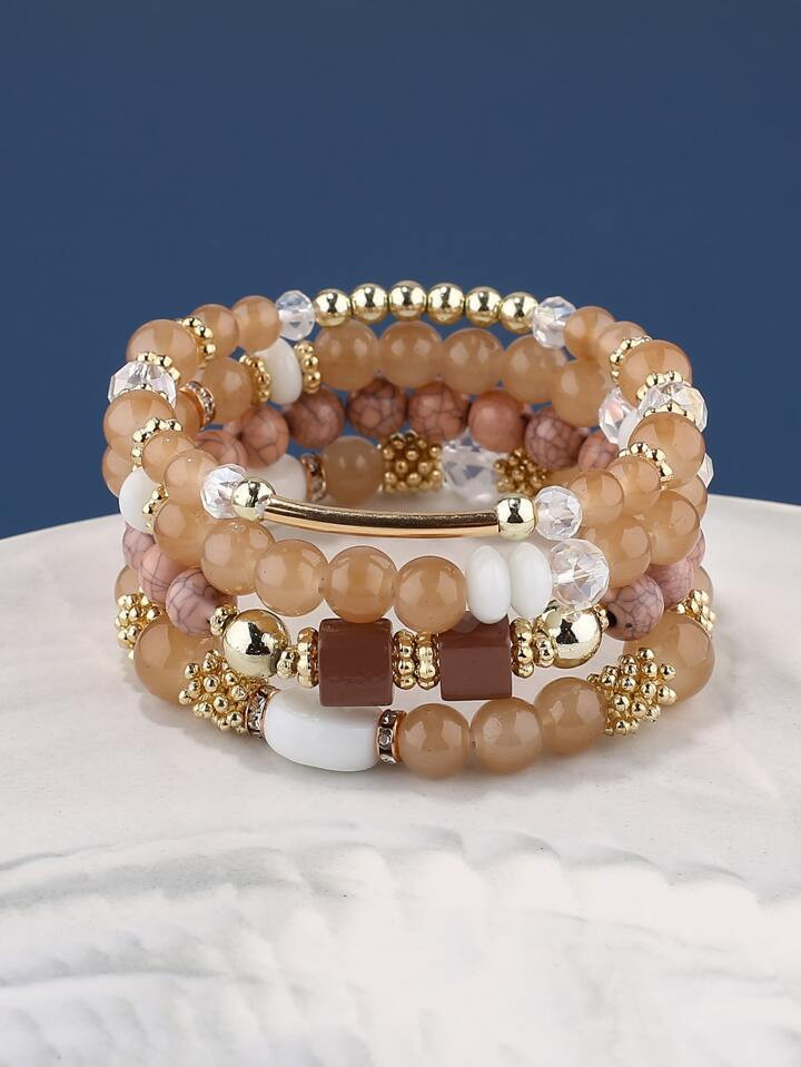 4pcs Geometric Decor Beaded Bracelet 4 Pcs Crystal Beaded Bracelet Boho Faux Agate Pearl Tassel C... | SHEIN