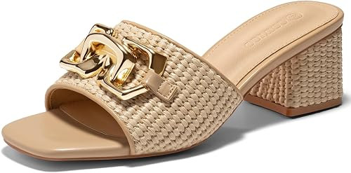 Coutgo Womens Raffia Slide Sandals Chunky Block Heeled Square Open Toe Metal Chain Slip on Mules ... | Amazon (US)