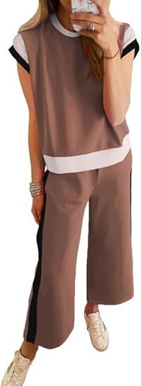 SHEWIN Women's 2 Piece Lounge Sets Casual Short Sleeve Pullover Tops Matching Wide Leg Pants Trac... | Amazon (US)