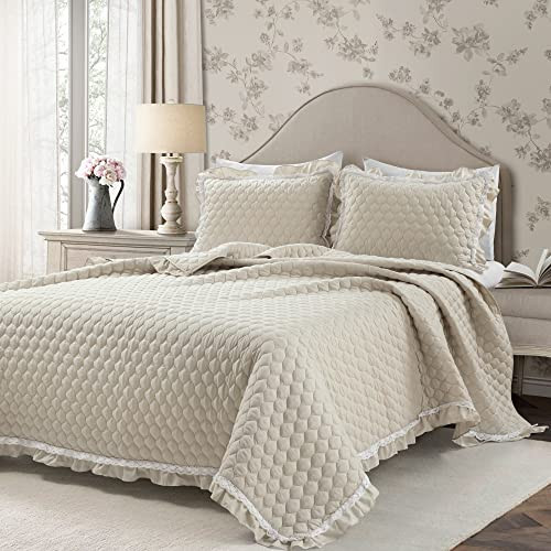 Lush Decor Ella Ruffle Lace Quilt, 3 Piece Set, King, Neutral, Cute Quilt - King Bedding Set - Beige Bedding - Coquette Decor - Neutral Ruffle Trim - Beige Lace Trim | Amazon (US)