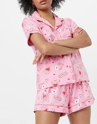 Chelsea Peers valentines letter print shirt and shorts pajama set in pink and red | ASOS (Global)
