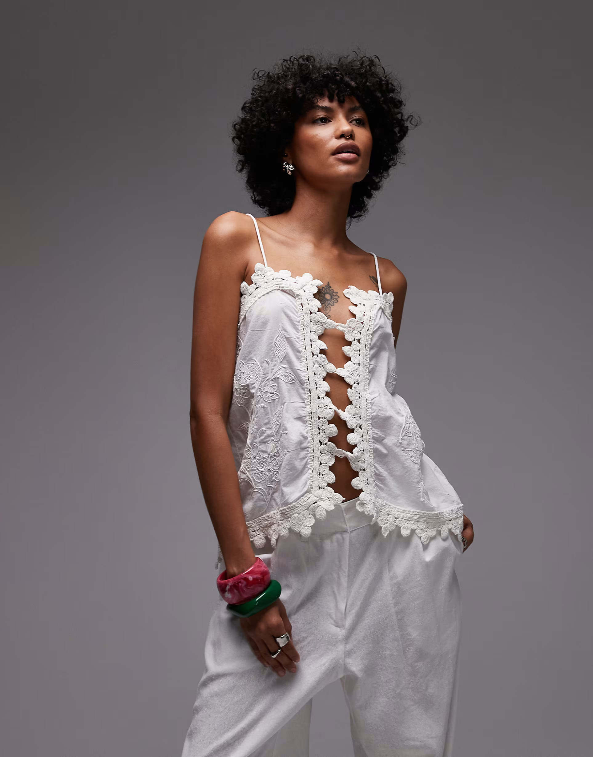 Topshop embroidered scarf lace cami top in white | ASOS (Global)