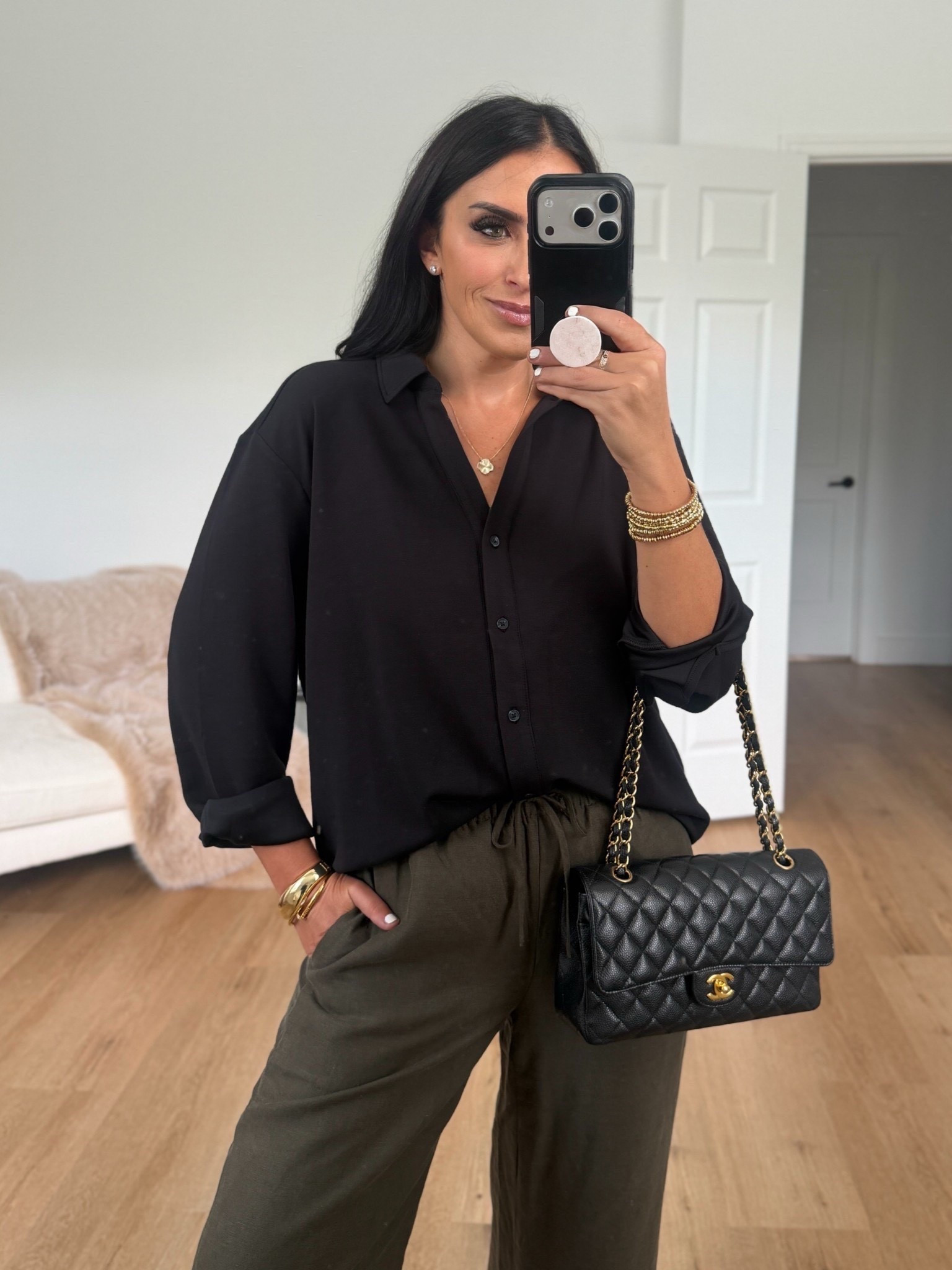 SPANX AirEssentials® Oversized Button Down wearing size small.
