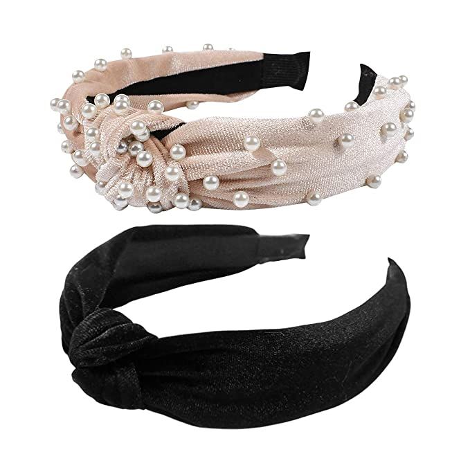 2Pcs Headbands for Women, BEBEEPOO Pearl Headbands with Velvet Knotted Wide Headbands, Faux Pear... | Amazon (US)