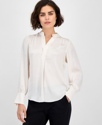 Anne Klein Womens Textured Split Neck Long Sleeve Top P Xxs Xxl | Macy's
