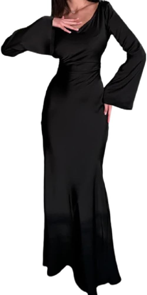 ANKOMINA Women's Elegant Flare Sleeve Satin Long Dress Round Neck Lace Up Bodycon Party Evening D... | Amazon (US)