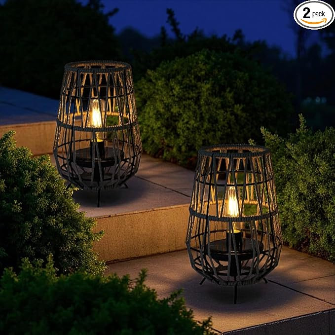 TRIROCKS Set of 2 Solar Lantern Outdoor Table Lamp Outside Hanging Solar Lights with Olifen Rope ... | Amazon (US)