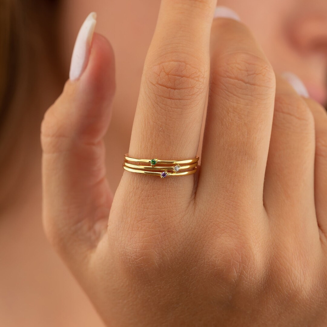 Gold Birthstone Ring, Family Ring, Tiny Birthstone Ring, Minimalist Ring, Mothers Ring, Birthston... | Etsy (US)