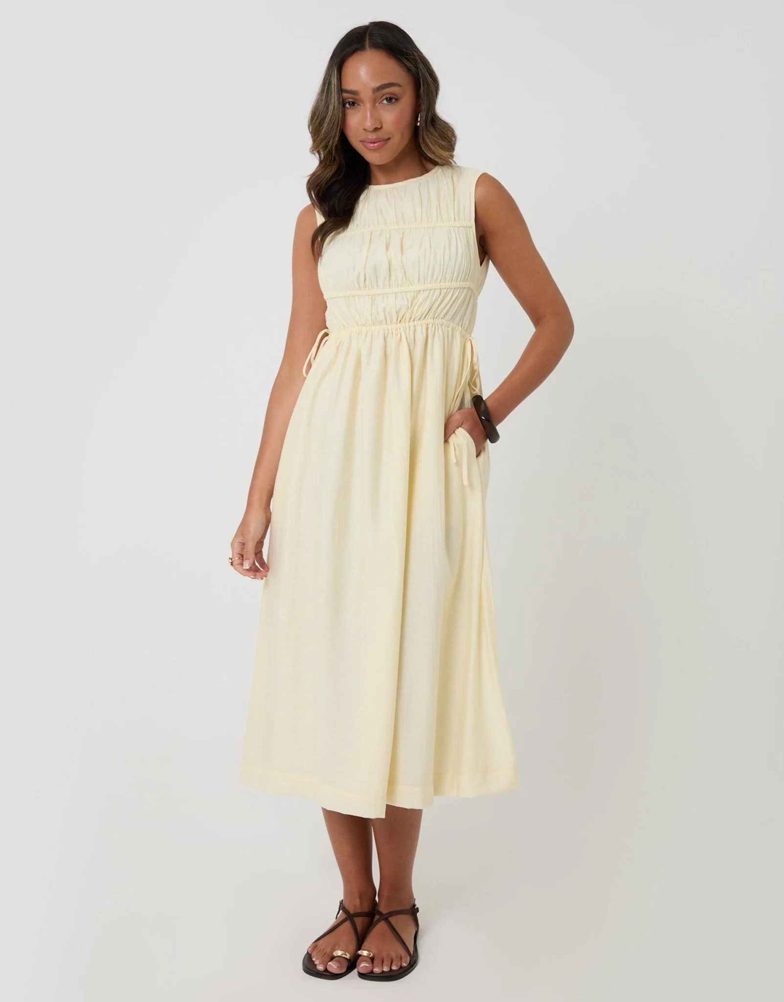 Ruched Drawstring Midi Dress in Yellow | Threadbare UK