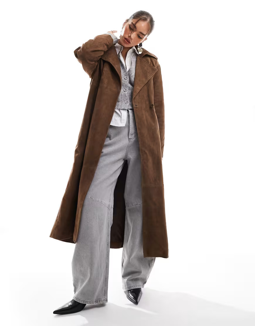 ASOS DESIGN premium suede trench coat in tan-Brown | ASOS (Global)